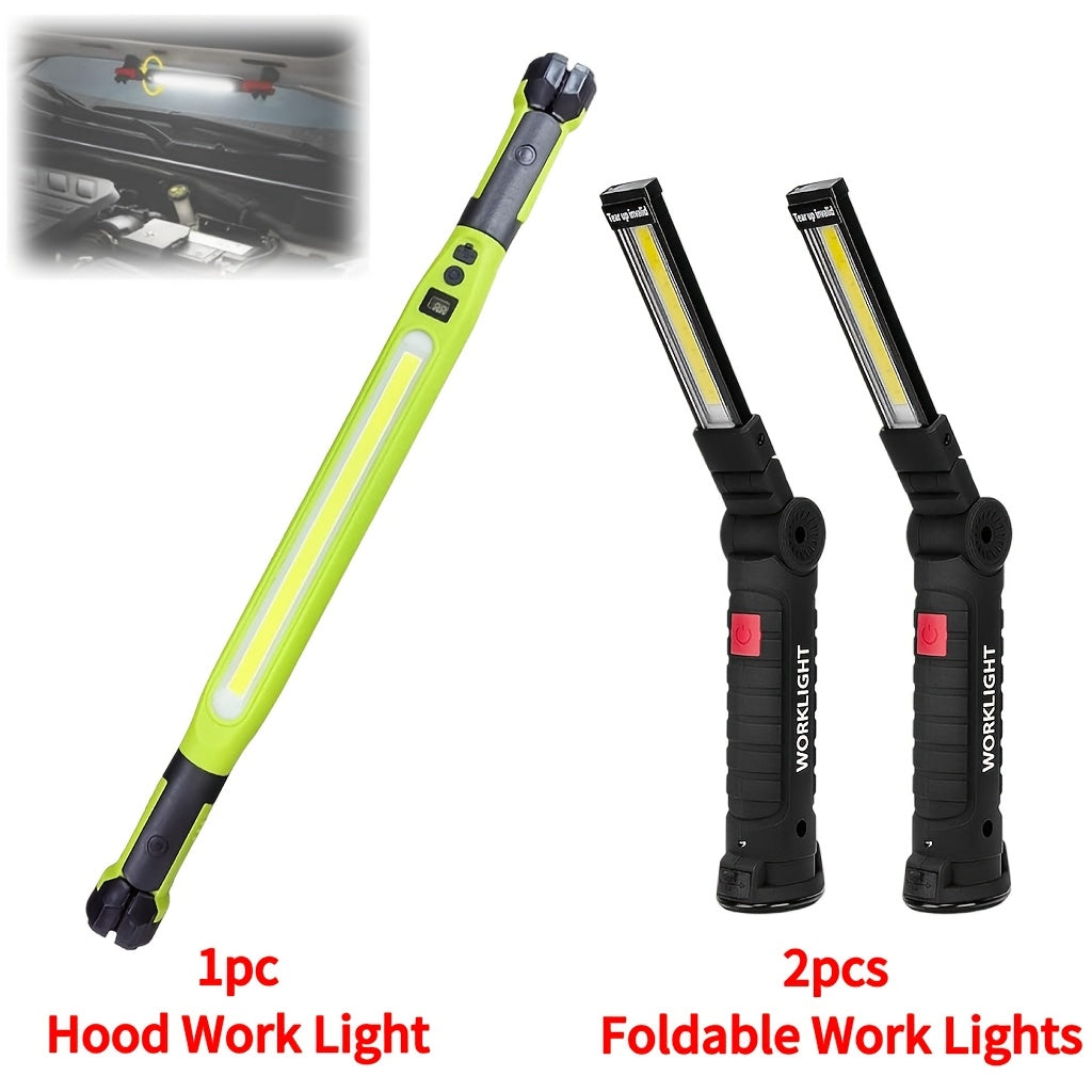 Rechargeable COB LED Work Light with Magnetic Base – 1000 Lumen Portable Camping Flashlight, 5 Modes, USB-C, Hanging Lamp for Garage Yard Emergency Outdoor Use, 2/3/4 Pack