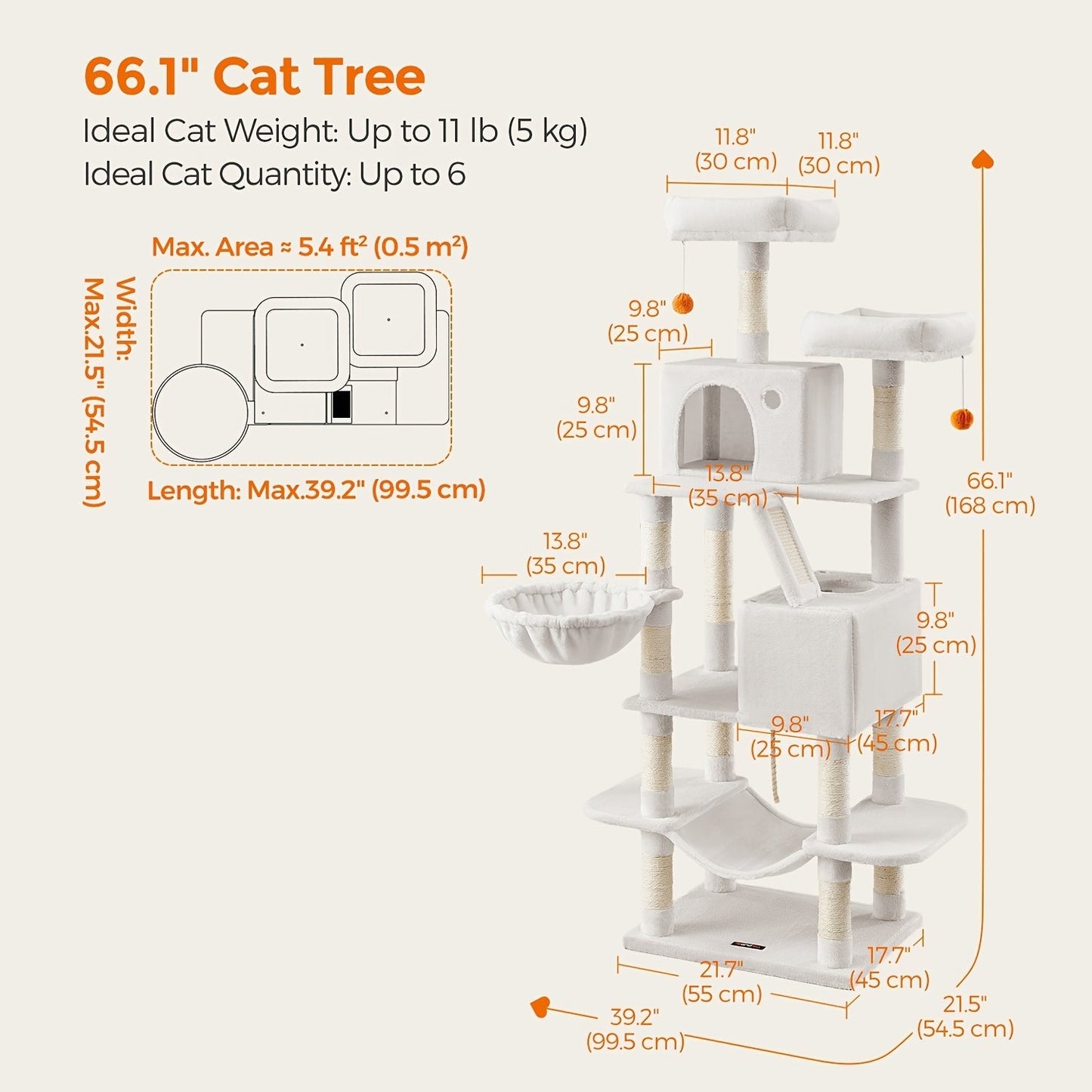 Multi-Level Cat Tree Tower 44-66 Inch with Hammock Sisal Scratching Posts Cozy Cave Perches Anti-Tilt Stable Cat Condo for Multi-Cat Families Kittens & Cats Gift