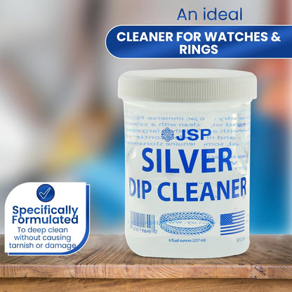 JSP Sterling Silver Dip Cleaner & Tarnish Remover 8oz – 925 & 999 Silver Jewelry Cleaning Solution with Dipping Basket & Microfiber Cloth, Restores Shine to Silver, Gold & Precious Metals
