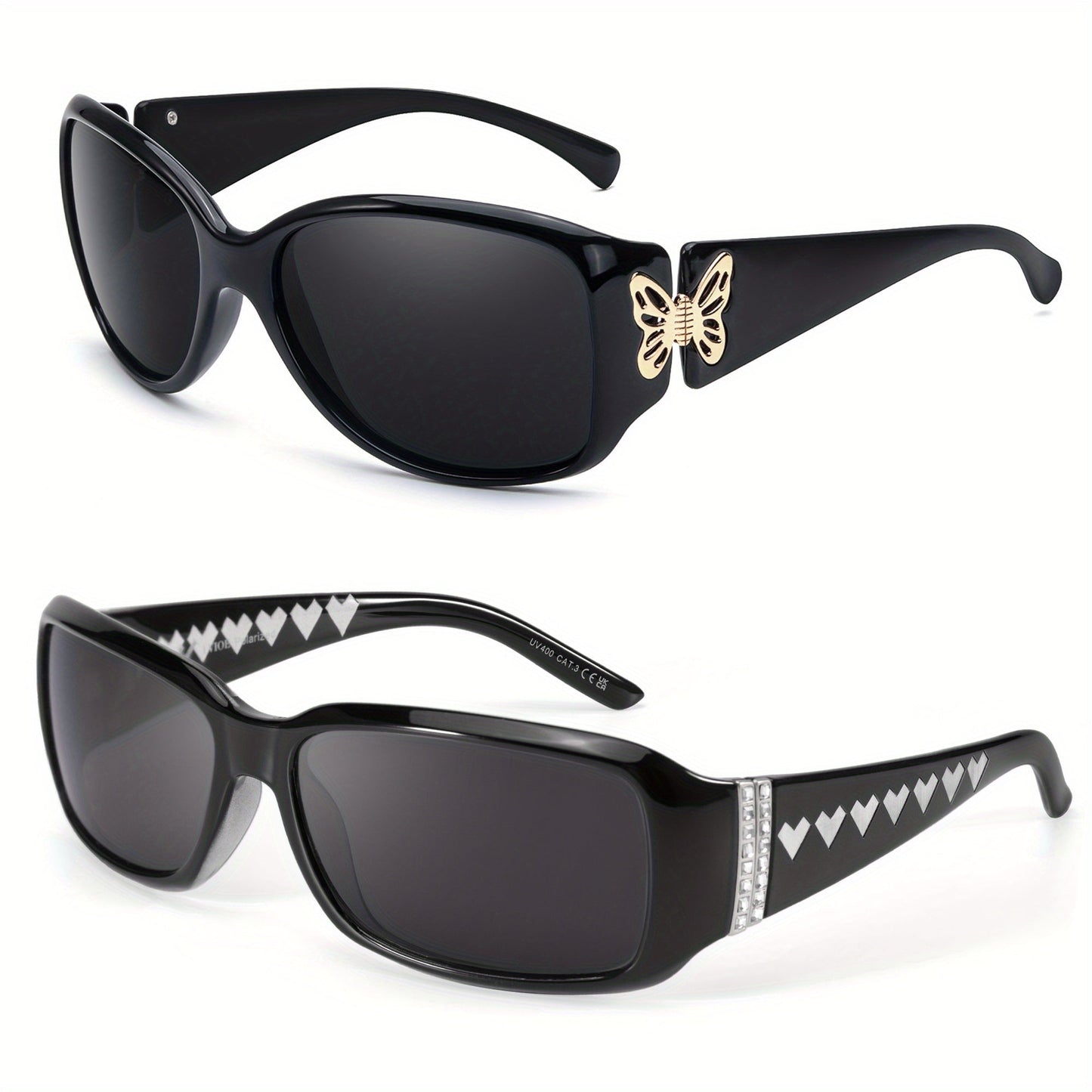 2PCS Women's Polarized Sunglasses UV400 – Butterfly & Heart Wrap-Around Jackie-O Style Trendy Fashion Eyewear for Driving, Beach & Outdoor, Multiple Colors Available