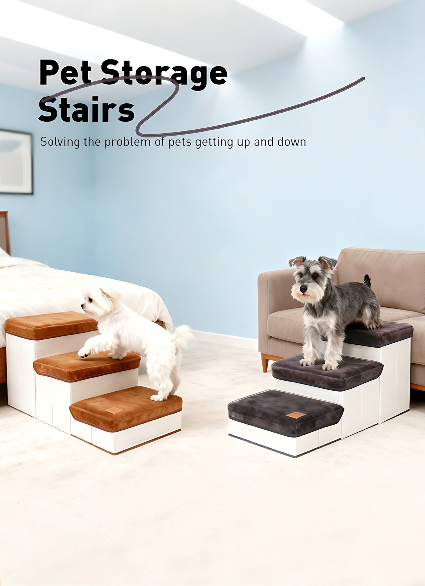 3-Tier Foldable Dog Stairs for Small Dogs – Non-Slip Nylon Pet Ramp for High Beds & Sofas, Compact Foldable Design, Brown & White, Includes Bonus Chicken Leg Plush Toy