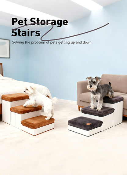 3-Tier Foldable Dog Stairs for Small Dogs – Non-Slip Nylon Pet Ramp for High Beds & Sofas, Compact Foldable Design, Brown & White, Includes Bonus Chicken Leg Plush Toy