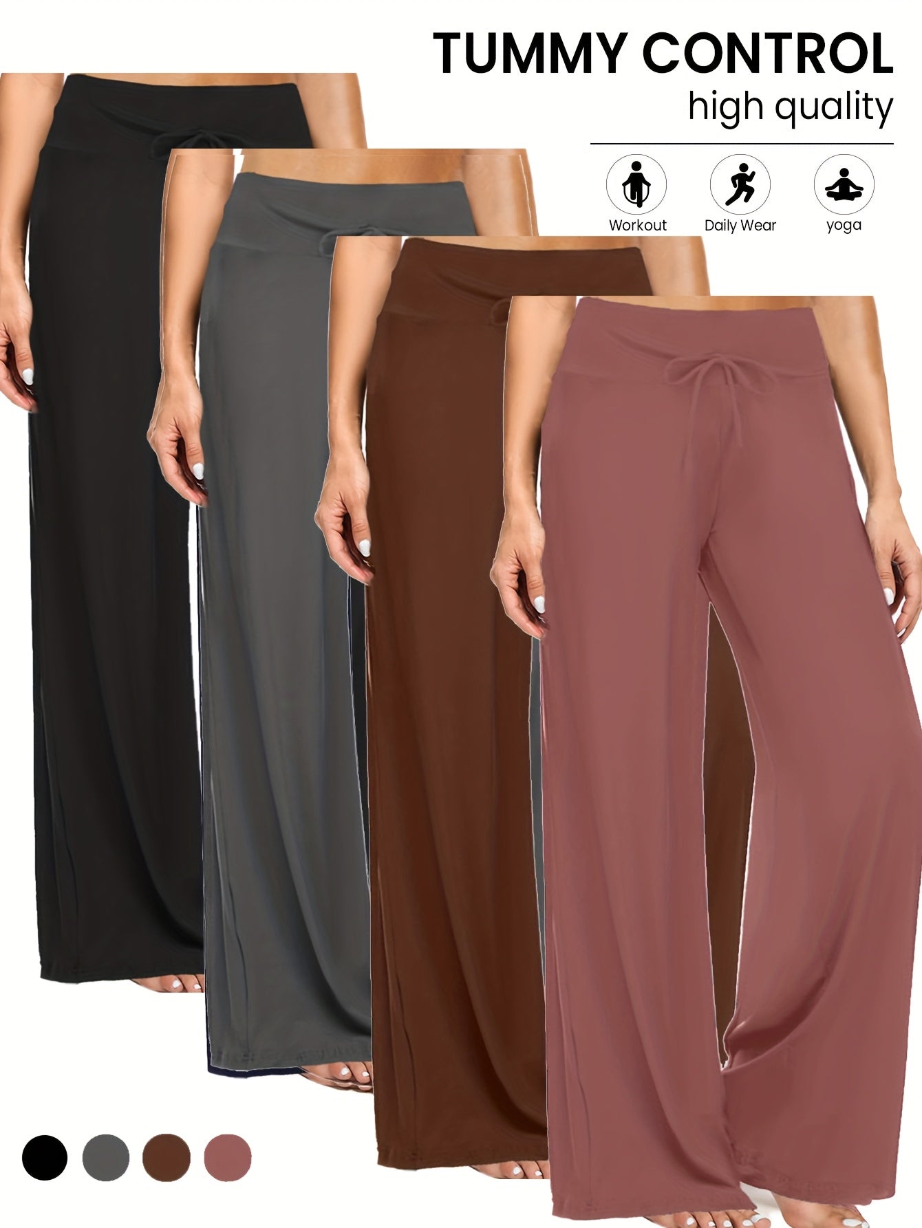 Wide Leg Palazzo Pants for Women 4-Pack – High Waist Flowy Stretchy Casual Beach Lounge Pants, Loose Dress Pants for Everyday Wear, Vacation, Summer & Plus Size – S to XXL, Black & Mixed Colors