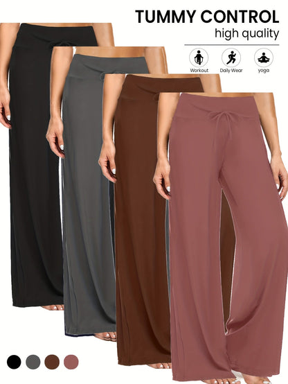 Wide Leg Palazzo Pants for Women 4-Pack – High Waist Flowy Stretchy Casual Beach Lounge Pants, Loose Dress Pants for Everyday Wear, Vacation, Summer & Plus Size – S to XXL, Black & Mixed Colors
