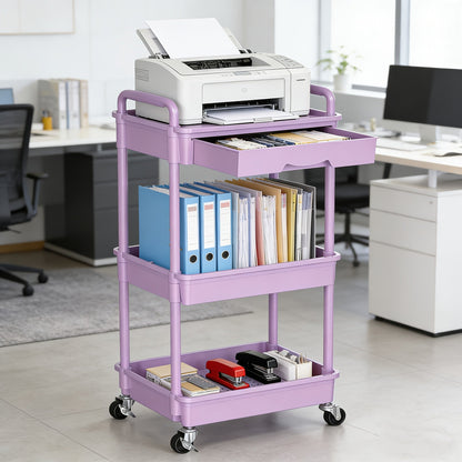 Rolling Storage Cart 3-Tier & 4-Tier with Drawer & Lockable Wheels Multifunctional Plastic Shelf Organizer for Kitchen Bathroom Living Room Office – 7 Colors