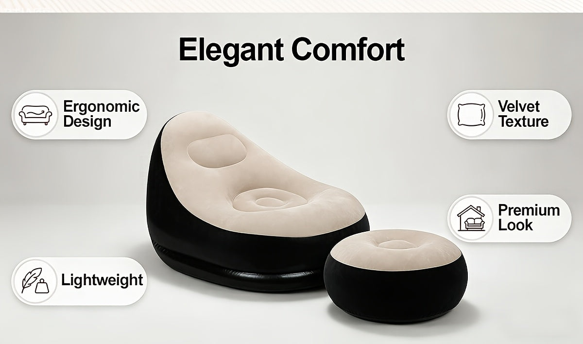 Inflatable Sofa Set 2 Piece Adult Recliner Lounge Chair with Footstool Plush Fabric Heavy Duty Portable Folding Air Couch with Pump Indoor Outdoor Camping Beach Living Room Patio