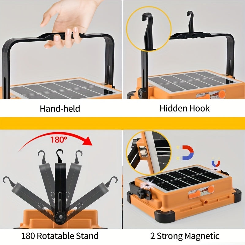 Solar LED Work Light 2000 Lumens with Magnetic Hook – Solar & USB Dual Charging, Adjustable Brightness Rechargeable Spotlight for Camping, Hiking & Outdoor Use – Available in 1, 2, 6 & 10 Pack
