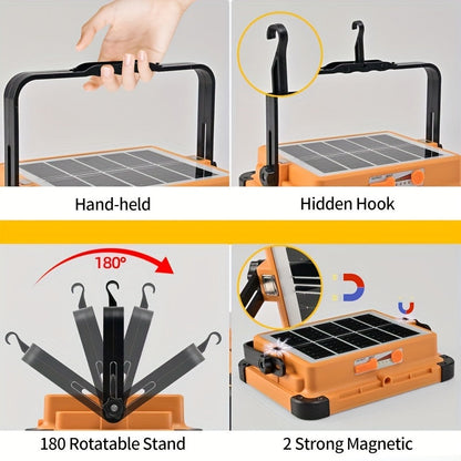 Solar LED Work Light 2000 Lumens with Magnetic Hook – Solar & USB Dual Charging, Adjustable Brightness Rechargeable Spotlight for Camping, Hiking & Outdoor Use – Available in 1, 2, 6 & 10 Pack