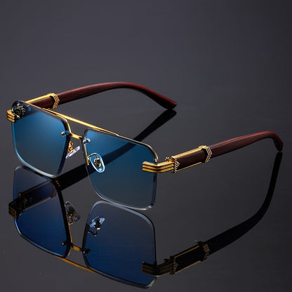 5-Pack Double Bridge Rimless Fashion Glasses – Unisex Wooden Temple Lightweight Polycarbonate Lens, Trendy Statement Eyewear in Gray, Blue & Brown for Parties, Festivals & Everyday Style
