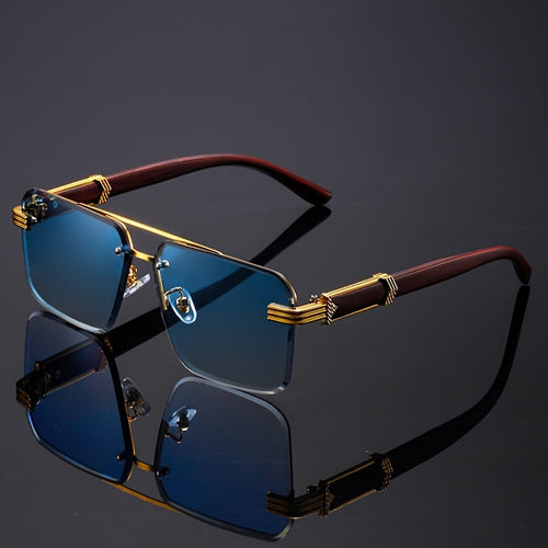 5-Pack Double Bridge Rimless Fashion Glasses – Unisex Wooden Temple Lightweight Polycarbonate Lens, Trendy Statement Eyewear in Gray, Blue & Brown for Parties, Festivals & Everyday Style