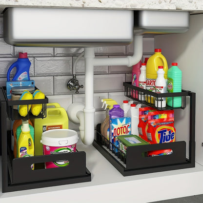 Under Sink Organizer Pull Out 2-Tier Slide Out Cabinet Shelf Kitchen Bathroom Storage Rack Utility Organizer – Black White Light Grey, 1 or 2 Pack