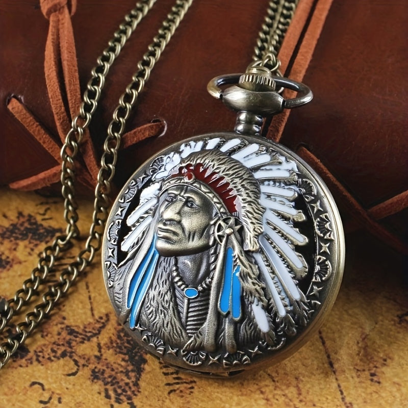 Vintage Bronze Quartz Fob Pocket Watch with Necklace Chain – Ancient Indian Colorful Portrait Design, Zinc Alloy Case, Unique Collector's Souvenir & Gift for Men