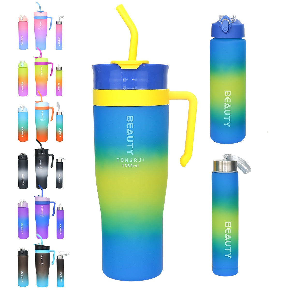 BPA-Free Gradient Water Bottles 5-Piece Set with Straw & Spill-Proof Lid - 46oz 27oz 9oz Leak-Proof Sports Bottles for Gym Travel Outdoor