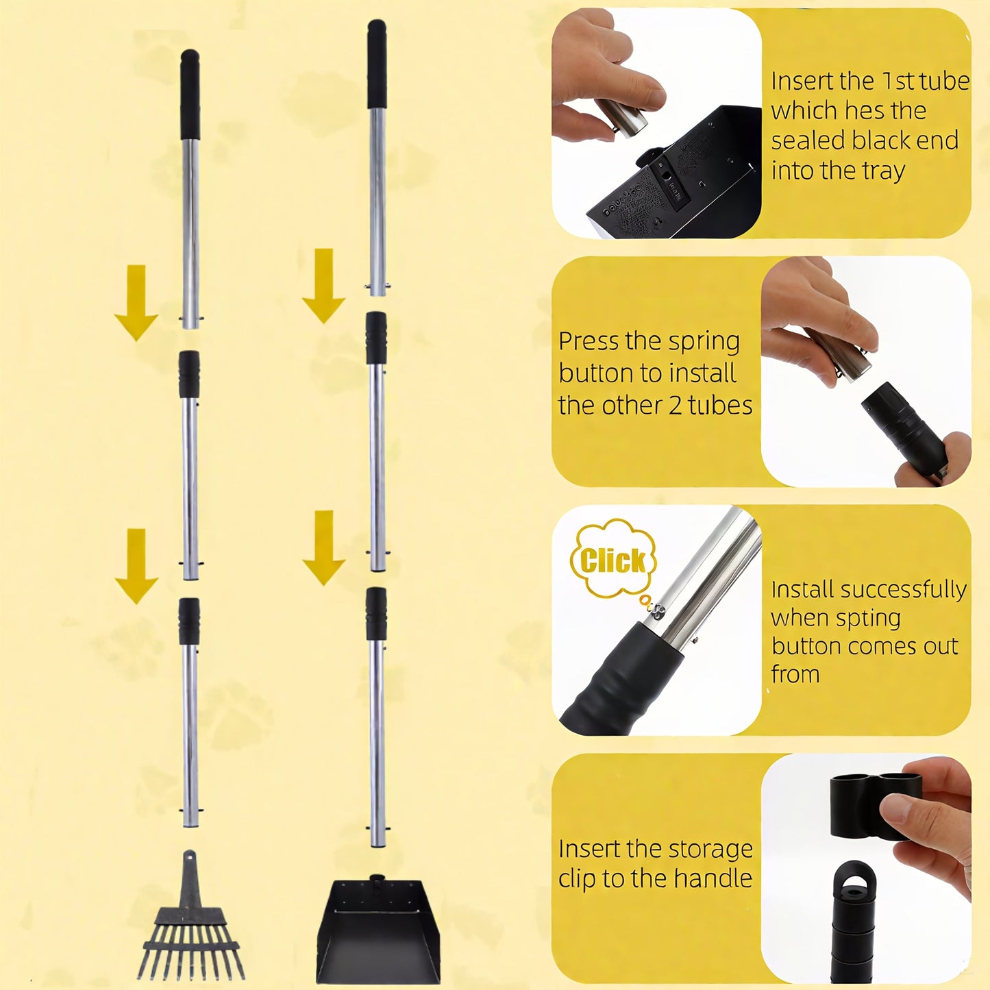 Stainless Steel Dog Pooper Scooper Set with Adjustable Handles – Rust-Proof Tray & Rake Pet Waste Removal Tool, Easy to Clean, No-Bend Design for All Dog Breeds, Yard & Outdoor Use