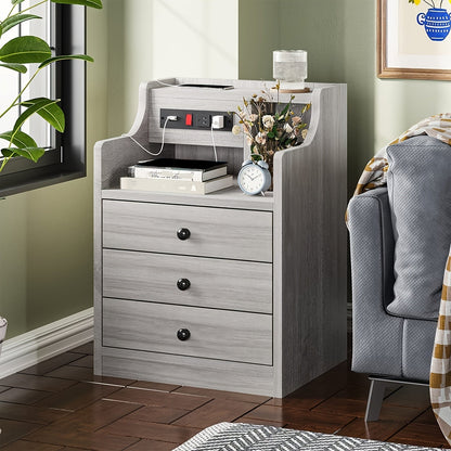 Nightstand with Charging Station – 2 USB Ports & 2 Outlets, Hutch & 3 Drawers, Bedroom End Table, Sofa Side Table for Living Room & Office, Gray or White