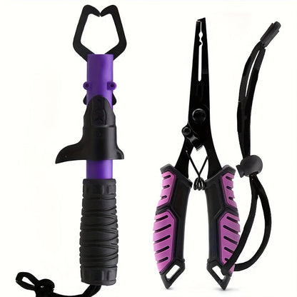 Fishing Pliers & Fish Gripper Combo Set 2PCS Stainless Steel with TPR Comfort Grip, Spring-Loaded Lock, Hook Remover Line Cutter Lanyard - Essential Freshwater Saltwater Fishing Tool Gift for Fishermen