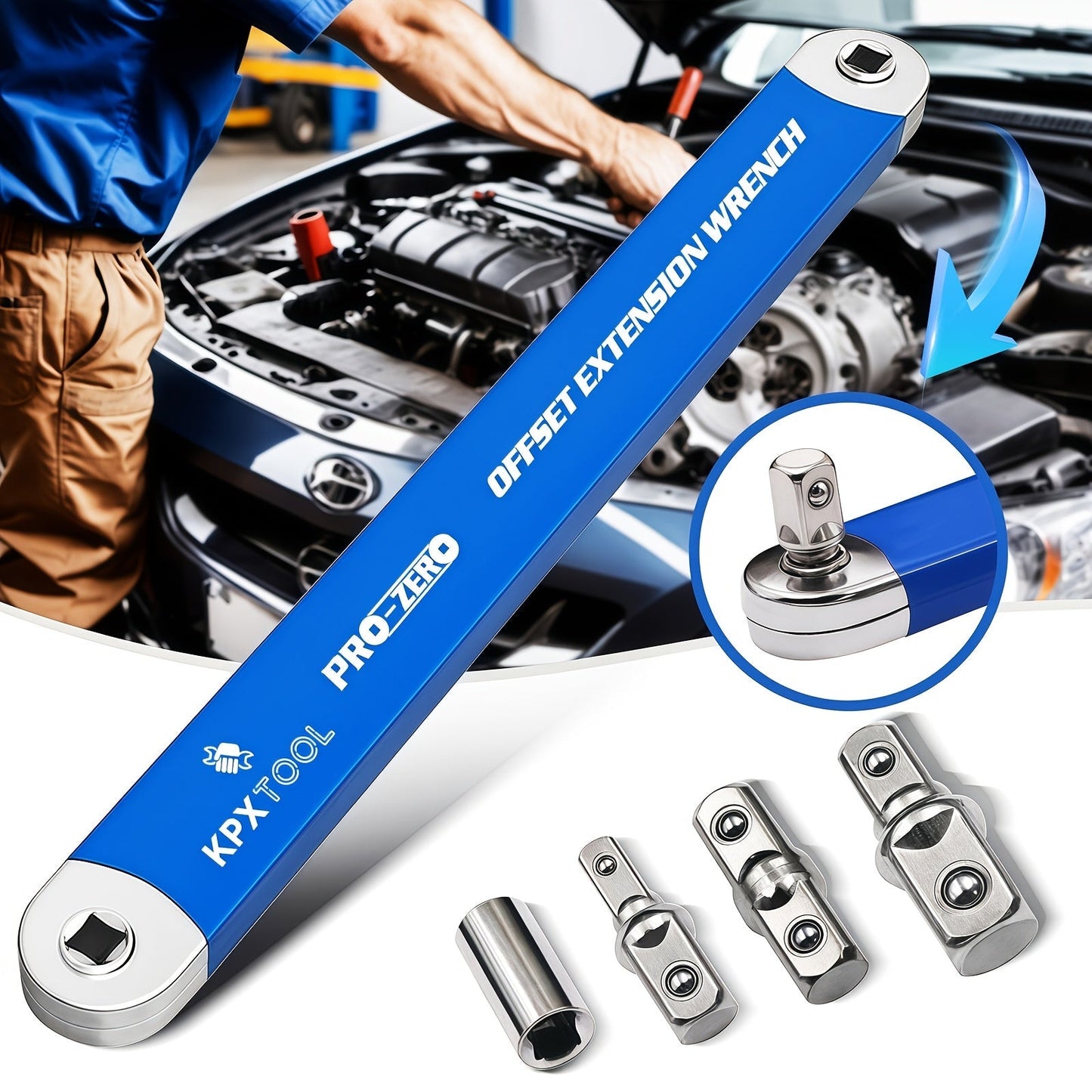 2-in-1 Ratchet Offset Extension Wrench 180° Swivel – 1/2", 1/4" & 3/8" Square Drive Adapters, High Torque Non-Slip Handle, Durable Metal for Automotive Repair, Tight Spaces & DIY Hand Tool Work
