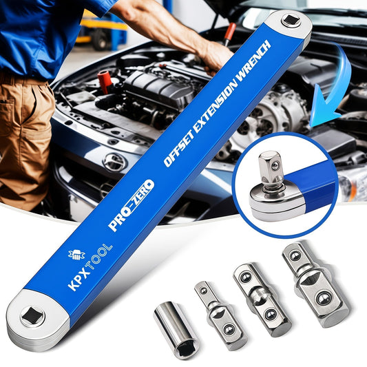 2-in-1 Ratchet Offset Extension Wrench 180° Swivel – 1/2", 1/4" & 3/8" Square Drive Adapters, High Torque Non-Slip Handle, Durable Metal for Automotive Repair, Tight Spaces & DIY Hand Tool Work