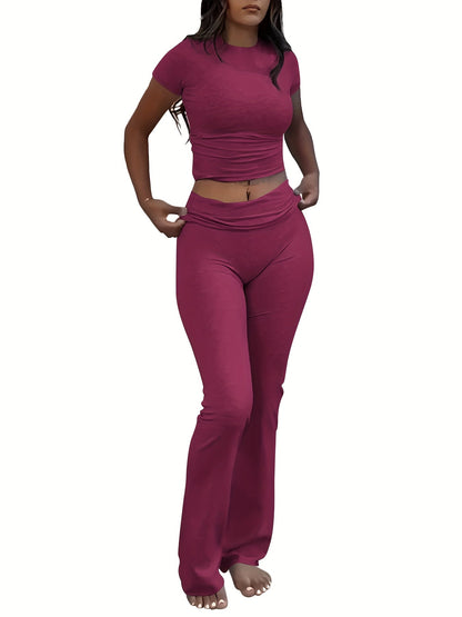 Women's Two-Piece Outfit Set - Slim Fit Short Sleeve Crew Neck T-Shirt & Skinny Flared Leg Pants, Casual Solid Color Matching Loungewear Tracksuit for Everyday Streetwear, Sizes XS-XL