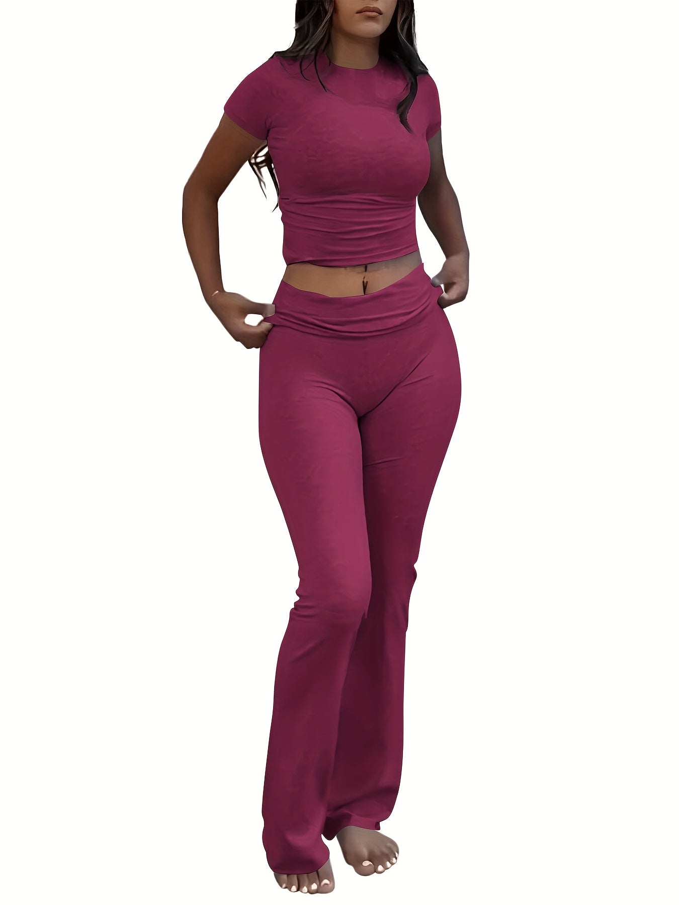 Women's Two-Piece Outfit Set - Slim Fit Short Sleeve Crew Neck T-Shirt & Skinny Flared Leg Pants, Casual Solid Color Matching Loungewear Tracksuit for Everyday Streetwear, Sizes XS-XL