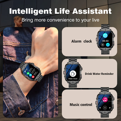Men's Outdoor Smart Watch 1.81 Inch HD Touchscreen Wireless Calling LED Multiple Sports Modes USB Charging Fitness Tracker Compatible with Android iPhone Silicone Stainless Steel Band Black Gold