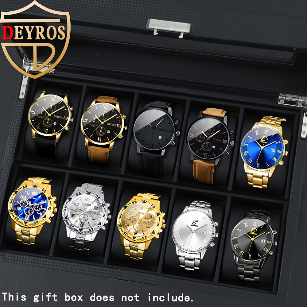 Men's Quartz Watch Set 10 Pcs – Analog Alloy Case, Faux Leather Strap, Date Display, Multiple Styles – Casual Wrist Watches for Men, Perfect Gift Set