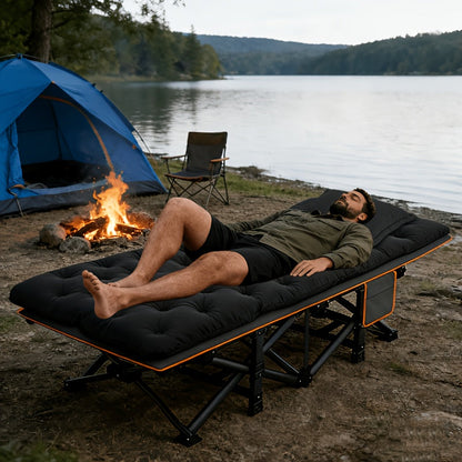 Heavy Duty Folding Camping Cot up to 700LBS – Extra Large 59"/75" Thickened Folding Bed with Mattress, Ergonomic Sturdy Frame, Portable Guest Bed & Patio Sofa for Camping, Hiking & Home Use – Black & Gray