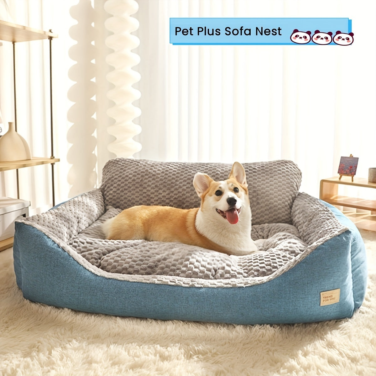 Luxury Plush Pet Sofa Bed with High Backrest – Thick Warm Washable Dog Bed for Large Medium Small Dogs & Cats, All-Season Comfort, Easy-Clean Cover, Sizes S L XL, Grey Blue