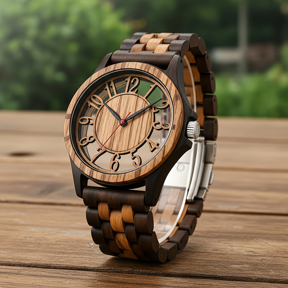 Natural Wood Watch for Men – Hollow Arabic Dial Quartz Wooden Timepiece, Handcrafted Unique Grain Wristwatch, Perfect Gift for Men, Boys, Fathers & Sons on Birthday or Father's Day