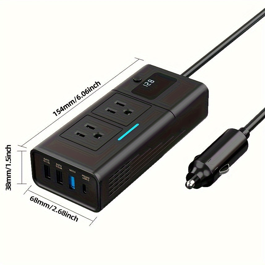 200W Car Power Inverter 12V to 110V AC Outlet – DC to AC Converter with USB-C, QC3.0 Fast Charge & Dual USB Ports, Car Plug Adapter for Laptop Phone Camping Road Trip (No Battery Required)