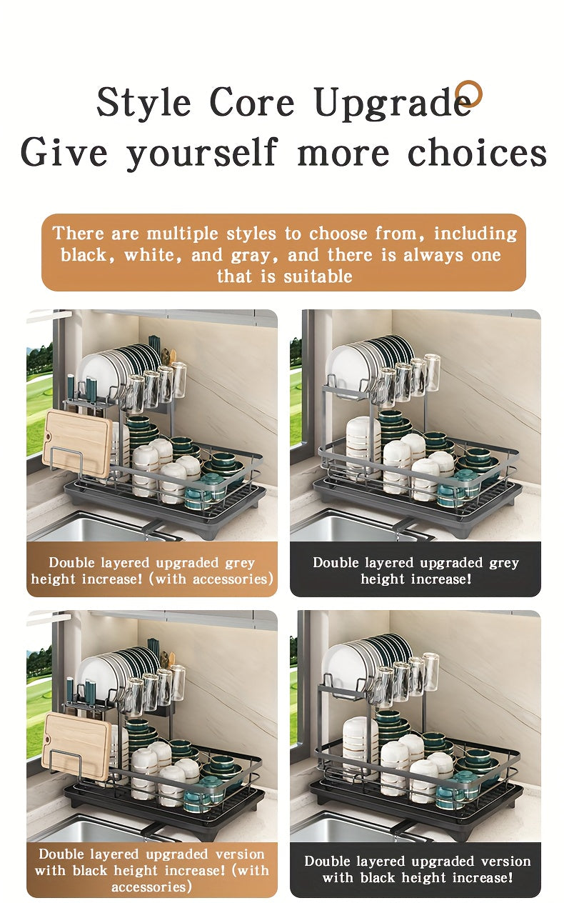2-Tier Metal Dish Drying Rack with Cutlery Holder, Cup Holder & Rust-Proof Drip Tray – Space-Saving Countertop Dish Drainer for Kitchen Organization, Durable Steel Dish Rack for All Countertop Types