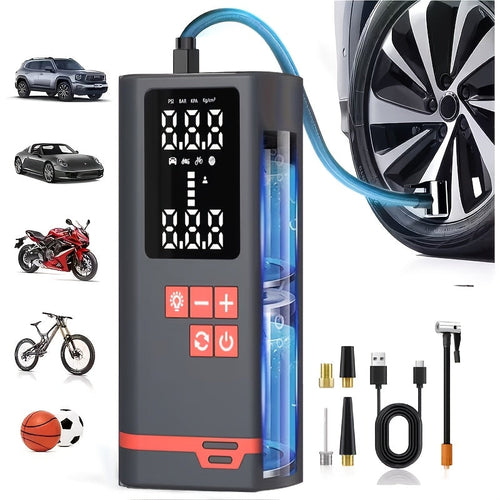 Portable Tire Inflator Air Compressor Wireless – USB Rechargeable, Digital Display, LED Light, Multi-Nozzle Adapter, Lithium Battery, Fits Car, Motorcycle, Bicycle, Sports Balls