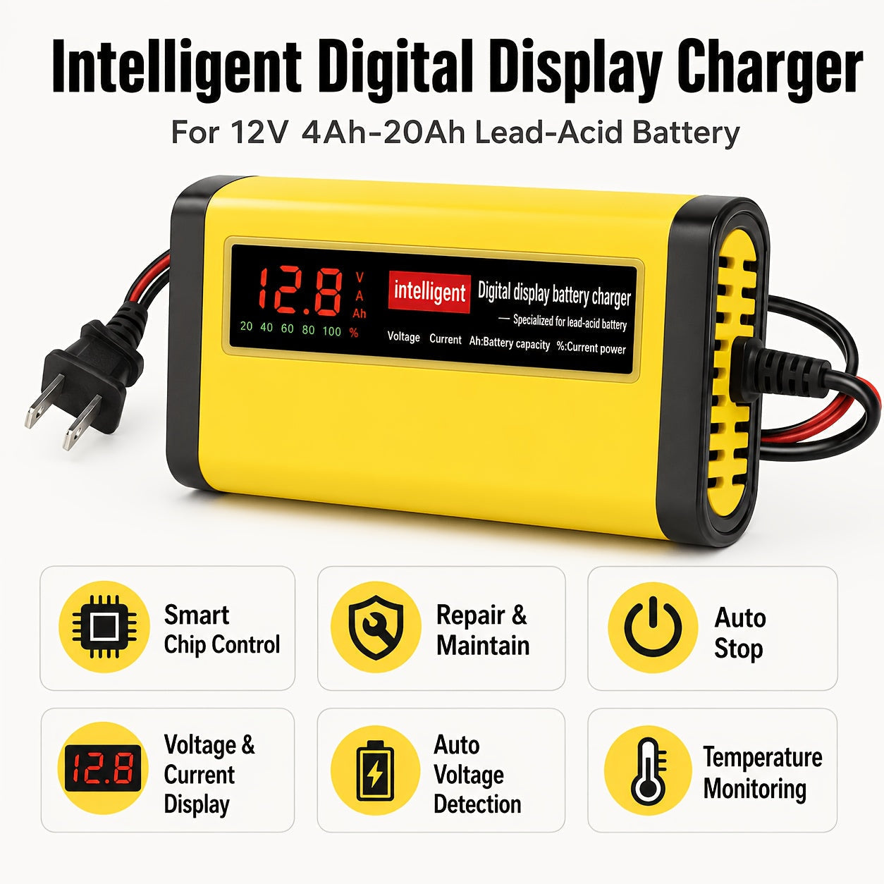 12V Smart Car Battery Charger and Maintainer, Intelligent Trickle Charger with Desulfurization & Temperature Compensation for 2Ah-100Ah Batteries – Compatible with Car, Truck, Motorcycle & Lawn Mower