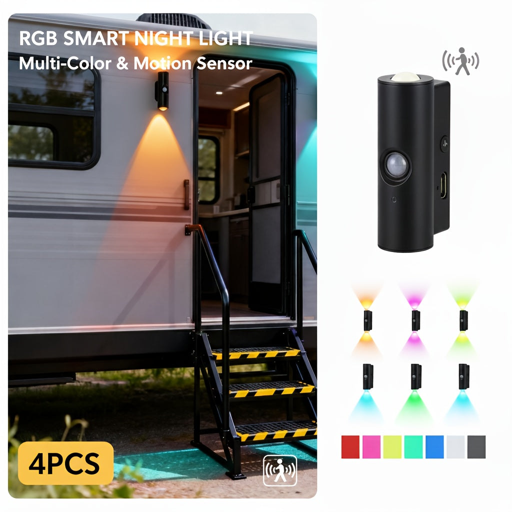 Motion Sensor Wall Lights 4-Pack – Rechargeable Wireless Magnetic LED Night Light, Dual Head, RGB 3 Colors, for Bedroom, Stairs, Cabinet, Closet & RV Interior | Velora