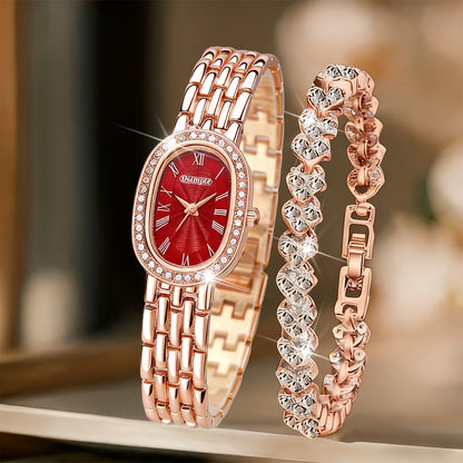 Women's Retro Quartz Watch Set 2pcs – Elegant Heart Chain Stainless Steel Rectangular Dial Analog Wristwatch, Court Style Luxury Timepiece Gift for Wedding, Easter, Birthday & Casual Wear
