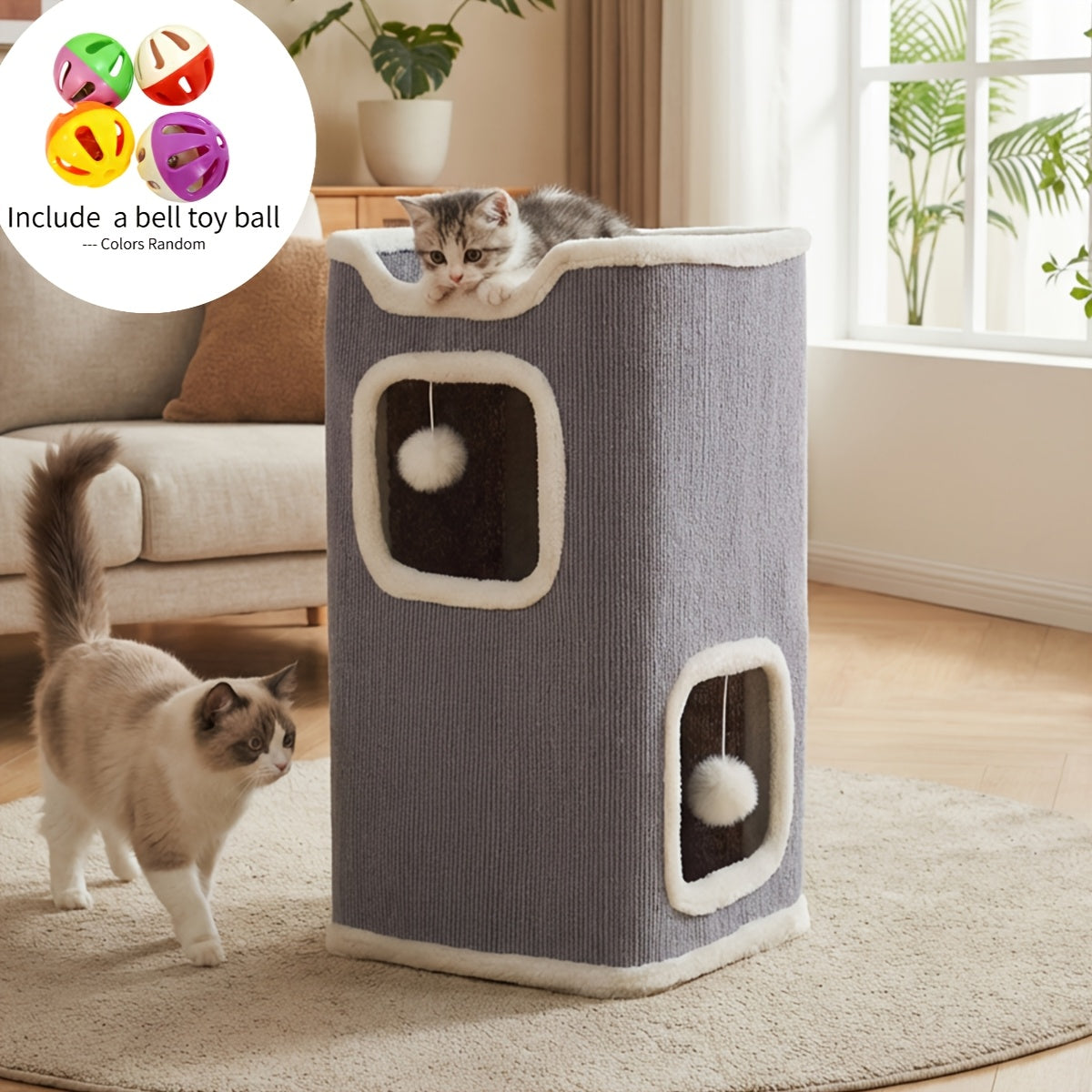 Foldable Multi-Level Cat Tree Tower for Indoor Cats - Scratch-Resistant Cat House with Cozy Top Bed Hideaway and Bell Balls, 1 to 3 Layers Cat Furniture for Climbing Playing and Resting