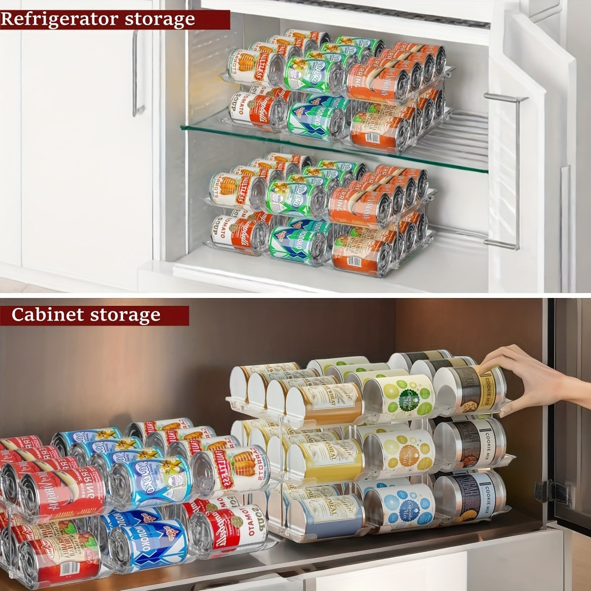 Pantry Can Organizer Rack 3-Tier Stackable – Holds 36 Cans, Auto-Rolling Transparent PET Can Storage Rack for Kitchen Pantry, Garage, Dorm & Closet, Tool-Free Assembly, Fits Soda Soup Vegetable Cans