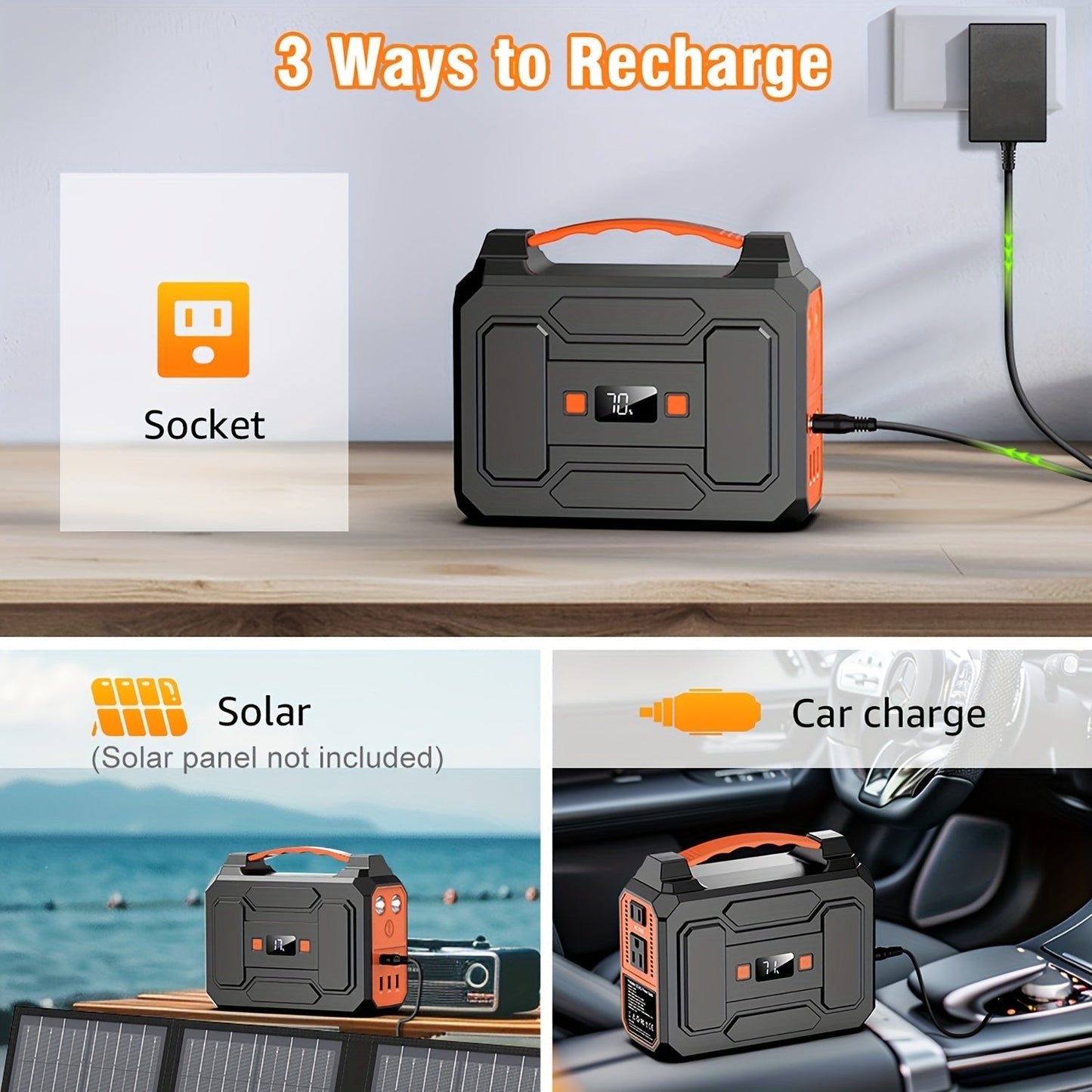 Portable Power Station 100W / 300W Solar Generator – AC Outlet, USB QC3.0, DC Port, LED Flashlight, High Capacity Battery Pack for Camping Hiking Road Trip CPAP Hurricane Emergency