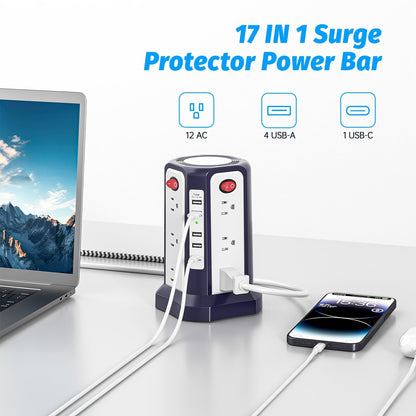 Power Strip Tower 16 AC Outlets 5 USB Ports USB-C PD20W 1500J Surge Protector Flat Plug Desktop Extension Cord