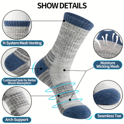 Merino Wool Hiking Socks 5 Pairs – Cushioned Compression Support, Sweat-Absorbing Breathable Thick Socks for Women & Men, Outdoor Hiking Trail Running Camping – Multicolor, Dark & Earth Tones, M & L