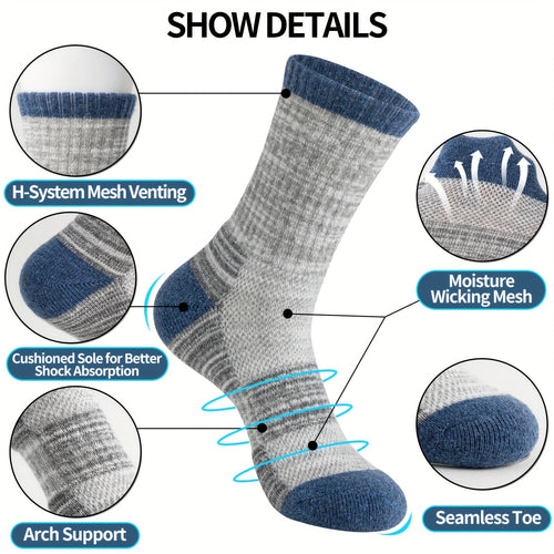 Merino Wool Hiking Socks 5 Pairs – Cushioned Compression Support, Sweat-Absorbing Breathable Thick Socks for Women & Men, Outdoor Hiking Trail Running Camping – Multicolor, Dark & Earth Tones, M & L