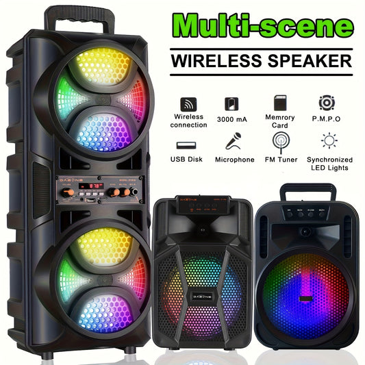 Portable Wireless PA Speaker System with Wired Microphone & RGB Lights – 6.5" Dual Woofer or 8" Subwoofer, FM Radio, USB/SD, Rolling Wheels for Party, DJ, Wedding & Meetings