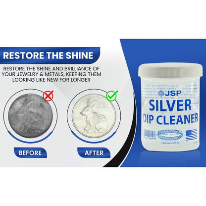 JSP Sterling Silver Dip Cleaner & Tarnish Remover 8oz – 925 & 999 Silver Jewelry Cleaning Solution with Dipping Basket & Microfiber Cloth, Restores Shine to Silver, Gold & Precious Metals