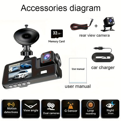 3 Channel Dash Cam 4K Front + 4K Interior + 1080P Rear with Free 32GB Card, Night Vision, G-Sensor, Wide Angle, Real-Time Recording & Parking Monitor – Velora