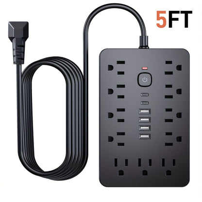17-in-1 Power Strip Surge Protector with 11 AC Outlets 4 USB Ports 2 USB-C Ports Flat Plug Design Space-Saving Extension Cord for Home Office Desk Kitchen 5ft 10ft Cord