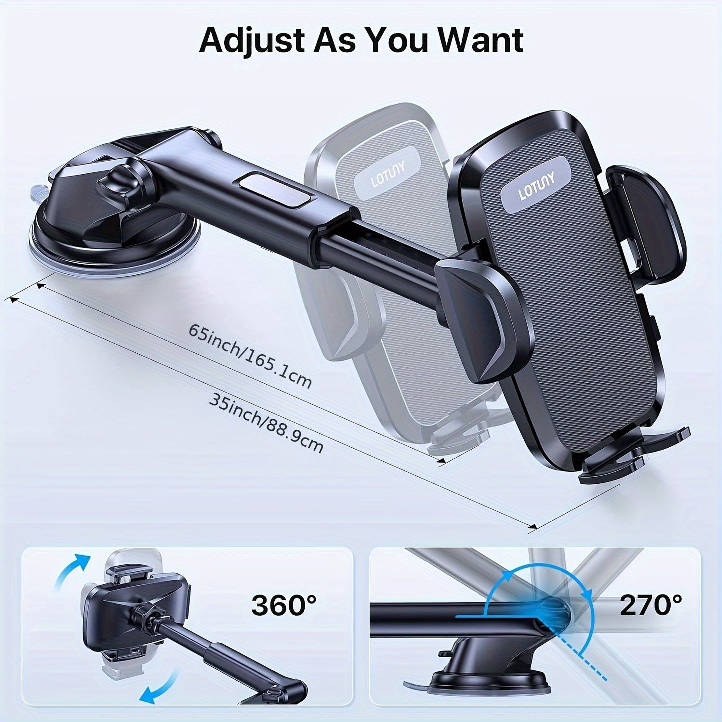 3-in-1 Car Phone Holder Suction Cup & Air Vent Mount | 360° Rotation, 6.5"-8.5" Telescopic Arm, 60LB Nano-Gel Suction, Scratch-Proof – Universal Fit for iPhone, Samsung, Google & All 4"-7.2" Phones