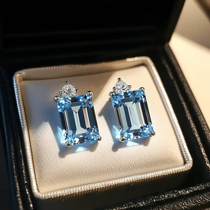 925 Sterling Silver Natural Blue Topaz Earrings Emerald Cut 6x8mm Gemstone Stud Earrings for Women Dainty Y2K Style Crystal Inlay Jewelry Daily Wear Vacation Gift