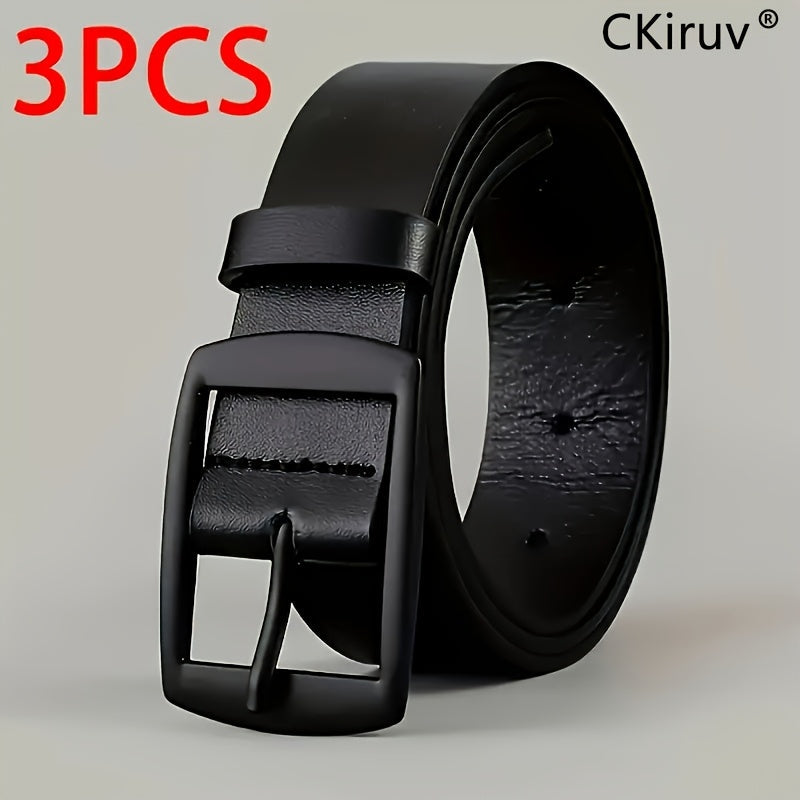 3-Pack Men's PU Faux Leather Belt Set – Casual Designer Style Alloy Buckle Belts for Jeans in Black, Brown & Khaki, Sizes 110-130cm