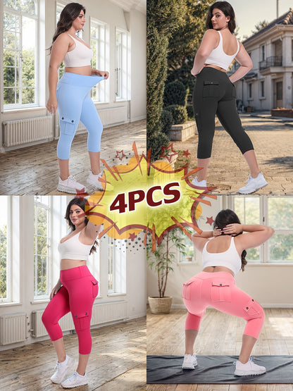 Women's High Waist Yoga Capri Pants 4-Pack 4-Way Stretch Butt Lifting Tummy Control 4 Pockets - Workout Running Sports Leggings S-XXL All Season