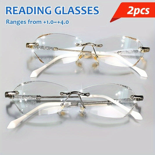 2-Pack Diamond Sparkle Rimless Reading Glasses for Women – Blue Light Blocking PC Lenses, Lightweight Metal Frame, Flexible Nose Pads, Strengths +1.0 to +4.0 for Computer & Reading